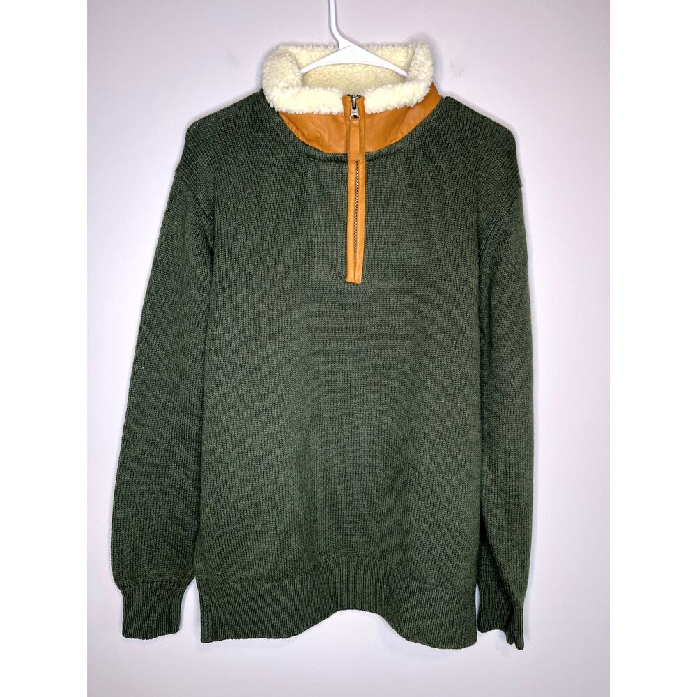 Orvis Army Green Stowe Lambswool Leather Sherpa Granola Gorpcore Sweater M